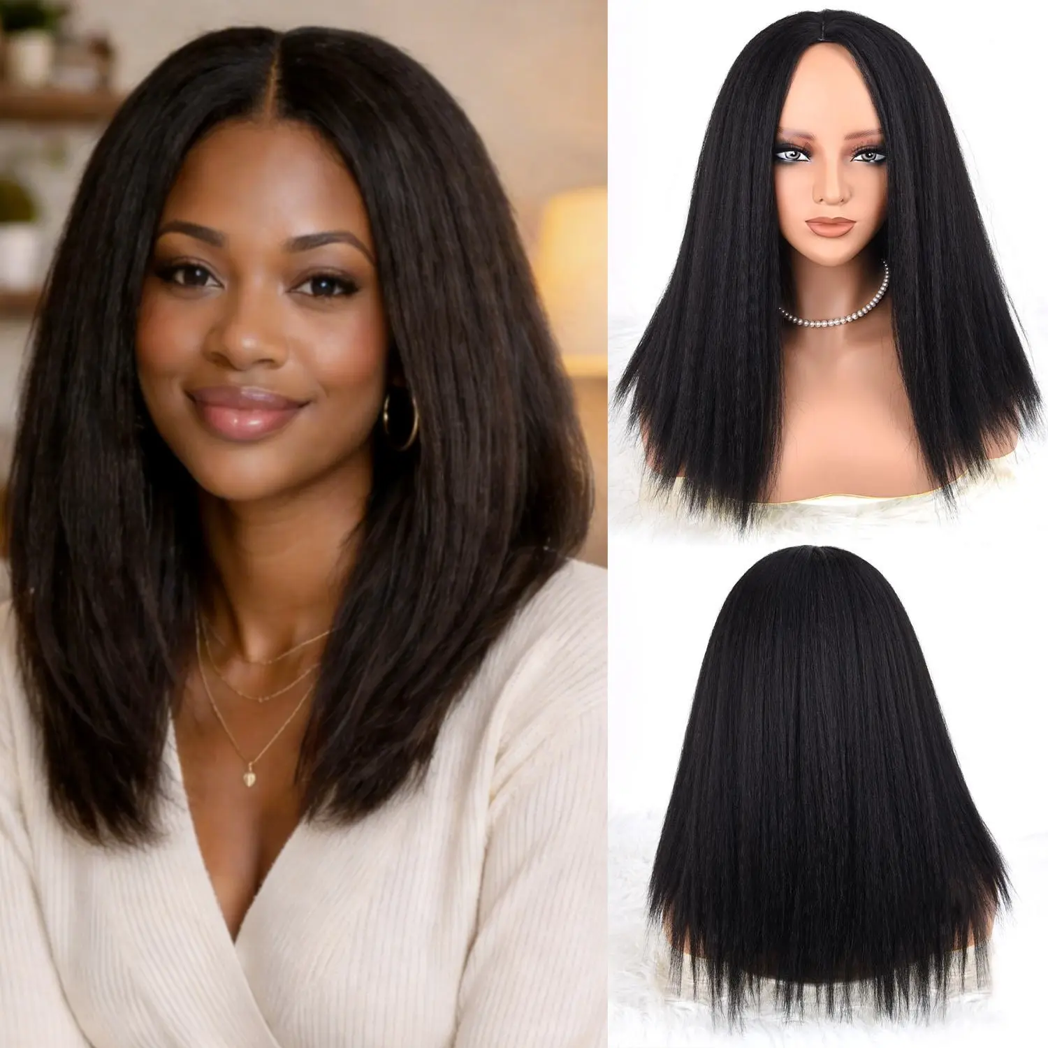 ZIHAN Women's 18-in Glueless Kinky Straight Synthetic Full Machine Wig - Middle Part Pre-Plucked Hairline, Heat Resistant Synthetic Material, Adjustable Straps, Natural Black, Convenient Protective Hairstyle Option, Kinky Straight Wigs, Convenient Wigs