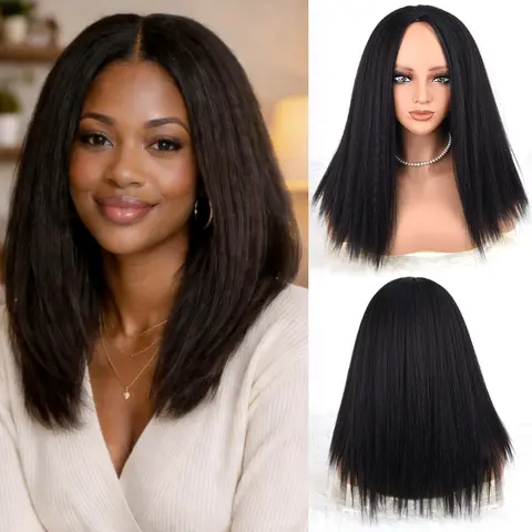ZIHAN Female 18-inch Glueless Kinky Straight Synthetic Full Machine Wig - Middle Part Pre-Plucked Hairline, Heat Resistant Blend, Adjustable Straps, Natural Black, Convenient Daily Protective Hairstyle Option (Synthetic Material Wig)