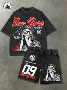 Men's Statue of Liberty Print Tee & Shorts Pyjama Pajama Pattern, Regular Fit Casual Comfy Round Neck Short Sleeve T-Shirt & Shorts PJ Set, Men's Sleepwear Pajama Set Loungewear for Summer