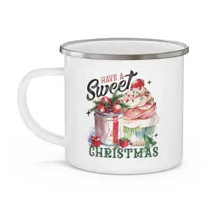 Have a Sweet Christmas, Cute Vintage Coffee cup, Cupcake and Cranberries Enamel Camping Mug
