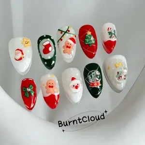 207 "Merry Christmas" Gingerbread Man & Santa Claus Cute Nails Press on Nails | Custom Hand-painted Nails | Almond Reusable Nails/Fake Nails