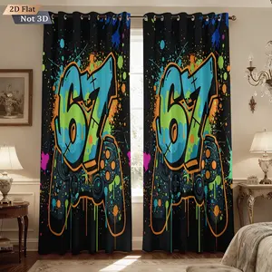 2 Pieces Graffiti Style Game Controller Pattern Blackout Curtains, Easy Hang Grommet Top for Bedroom Living Room Kitchen Decor