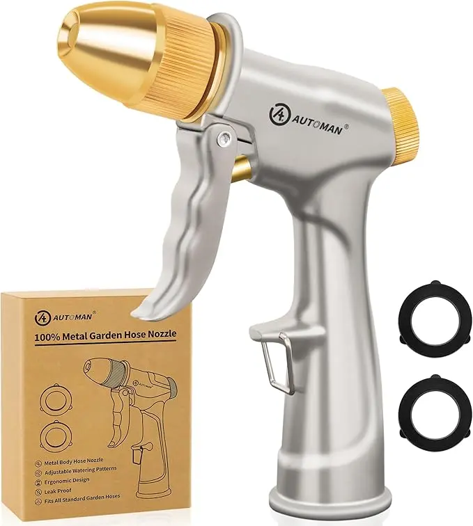 Garden Hose Nozzle Sprayer - High Pressure 100% Metal Water Spray Nozzle With 4 Patterns - Heavy Duty for Watering Plants, Lawns, Washing Cars & Pets
