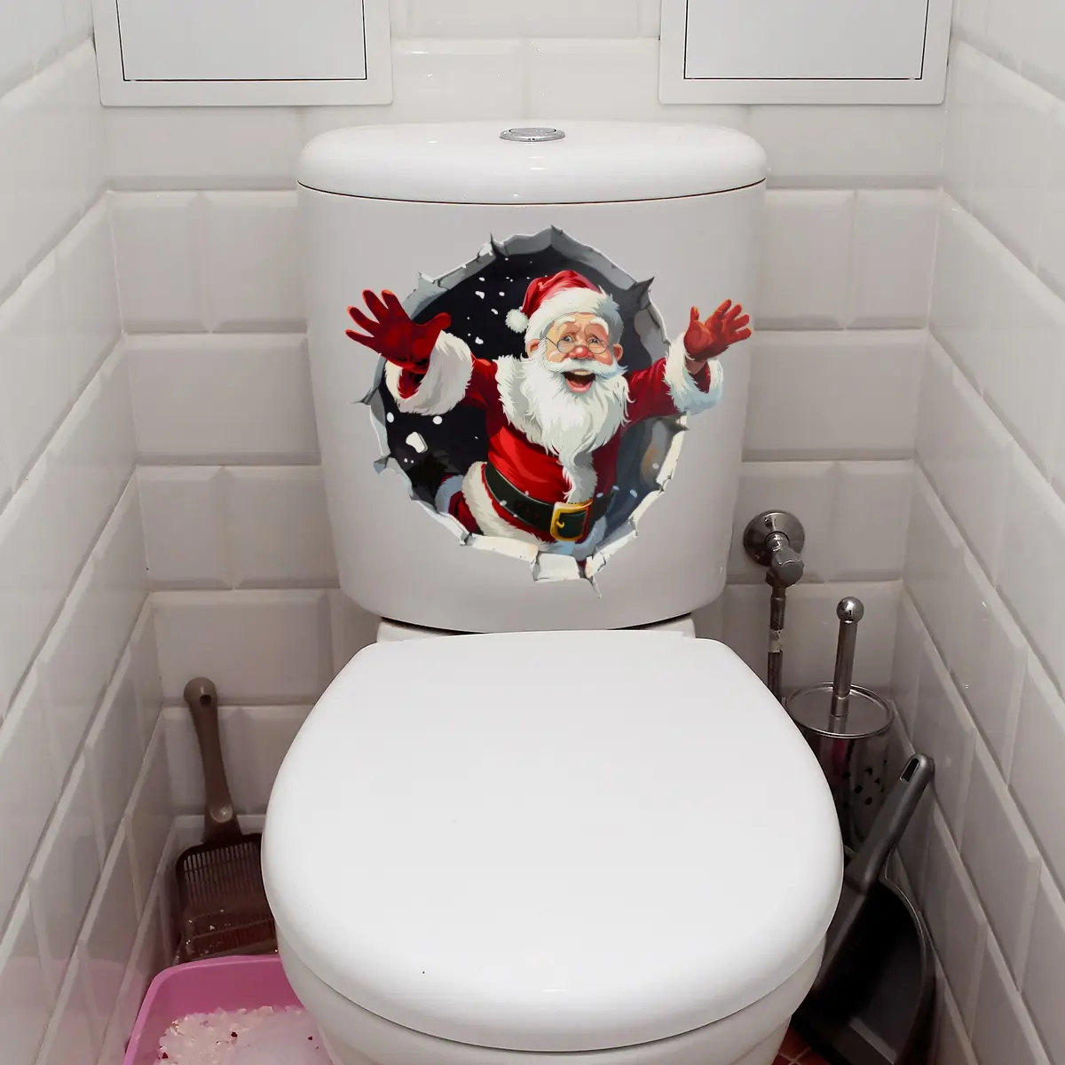 Christmas Santa Wall Stickers Set, Self-Adhesive 2D Decorations for Bathroom Bedroom Living Room, Festive Holiday Home Decoration