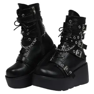 Women's Gothic Ankle Boots Adjustable Studded Metal Buckle Zipper Y2K Lace Up Chunky Sole Punk Motorcycle Combat Short Boots