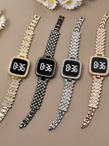 1pc Glamorous Square LED Luminous Digital Display Calendar Watch with Stainless Steel Rhinestone Band, Touch Screen, Battery-Powered for Daily Wear