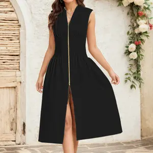 Elegant Summer V-Neck Midi Dress for Women – Cap Sleeves, Zipper Back, Smocked Waist, High Slit, Flowy Fit – Black Sleeveless Womenswear, Minimalist Basic Style – Perfect for Parties, Birthdays, or Casual Formal Looks