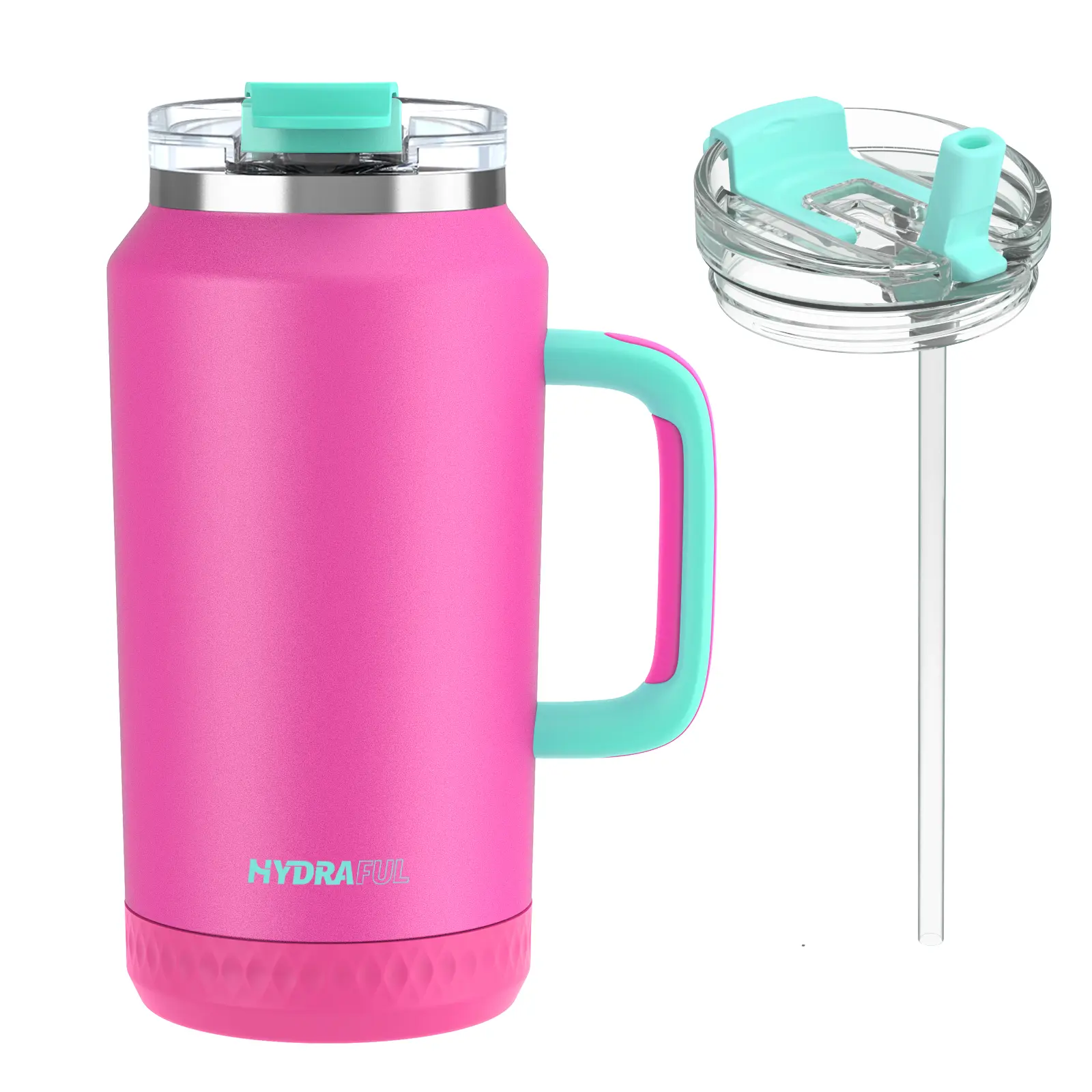 HYDRAFUL 64oz Capacity Stainless Steel Flask - Double Wall Insulated, Durable Geometric, Leak-Proof Reusable Drinkware with Silicone Straw, Handle, Lid, Anti-Slip Base - Ideal for Gym, Hiking - Kitchenware Gift Option