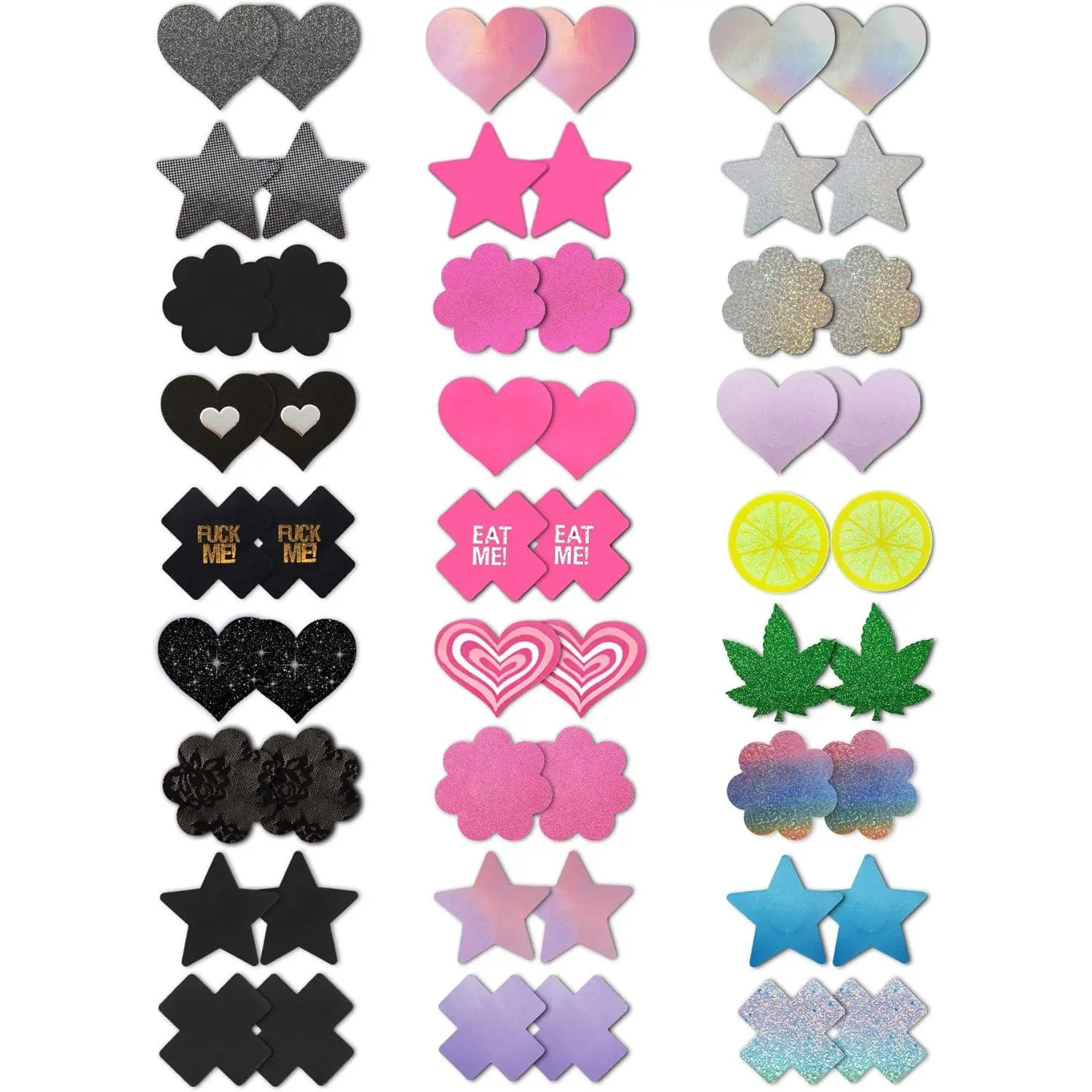 Women's Original Spandex Nipple Covers Pasties - 27 Pairs of Multicolor, Pink, Purple, Silver Glitter Bra Accessories for Adults, Polyester with Comfortable, Strong Adhesive
