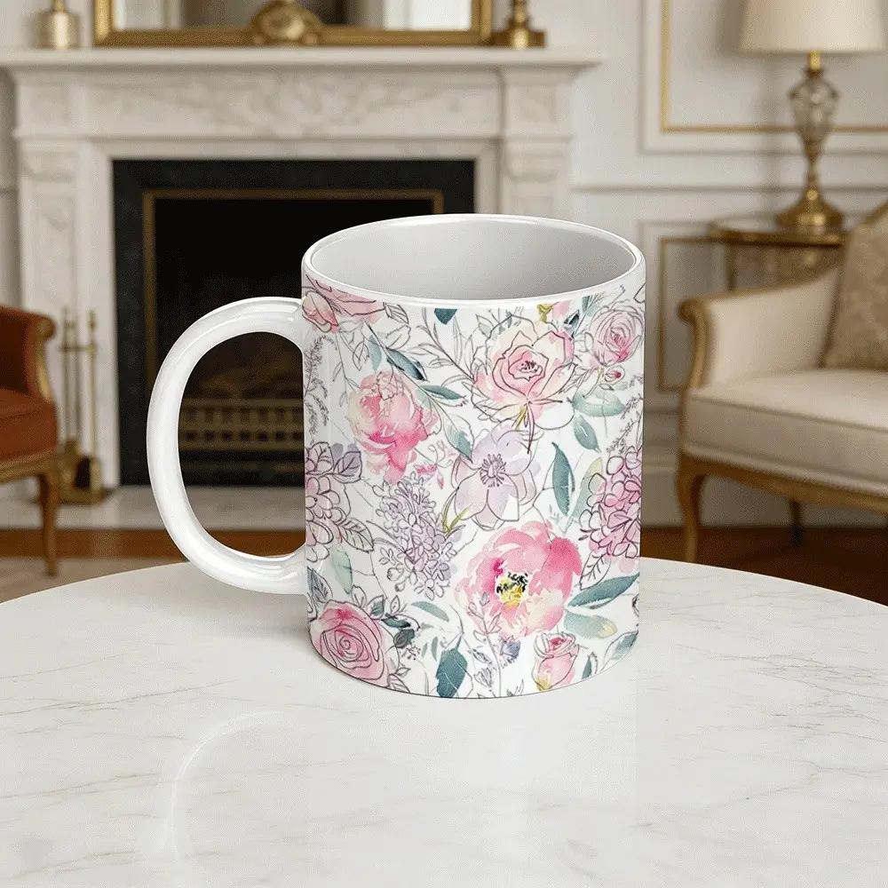 11oz Watercolor Rose Mug, Soft Floral Design, Ceramic Material, Heat Resistant, Ideal for Hot Water & Coffee, Elegant Daily Use or Gift
