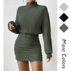 Women's Pullover Sweater Dress Long Lantern Sleeve Turtle Neck Cute Ribbed Knit Bodycon Mini Short Dress Spring Fall
