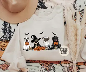 [SALE UP TO 45%] Vintage Pug Halloween Sweatshirt, Pug Halloween Crew Neck Cotton, Spooky Halloween Dog Mom Sweatshirt, Men Gifts
