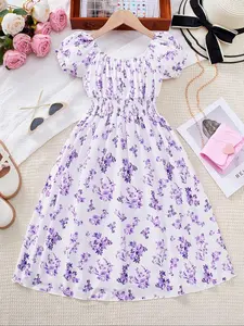 Girls Casual Floral Ruffled Neck Dress for Summer Vacation, Elegant Fitted Design with Thin Fabric, Perfect Gift for Summer