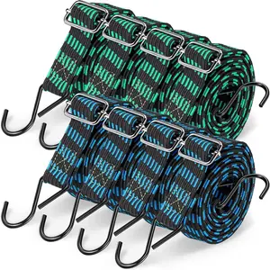 8 count 80 Inch Adjustable Flat Bungee Cords with Hook Heavy Duty Elasticity Long Bungee Straps 1 Inch Width Latex Straps Anti Rust Metal Buckle Luggage Rope (Green Black, Blue Black)