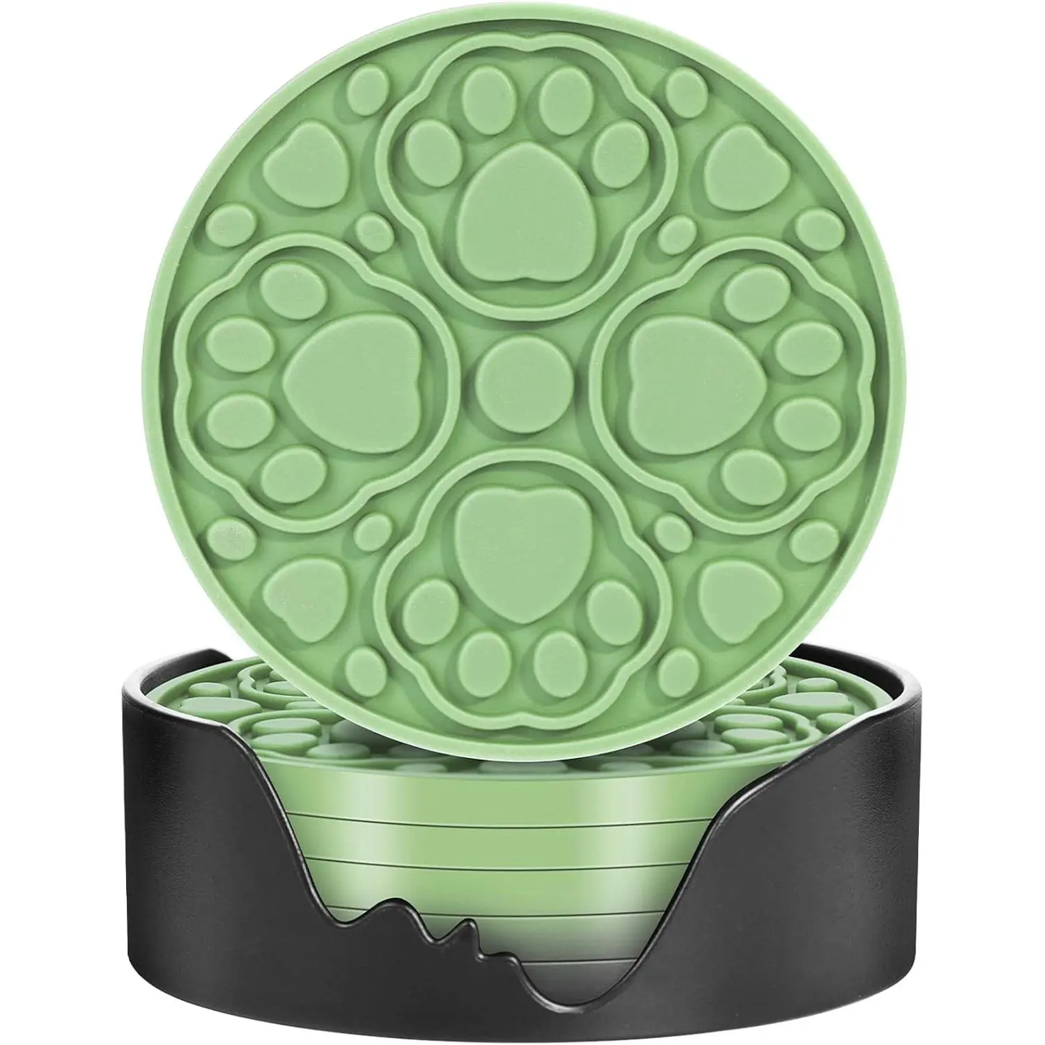 6-Pack Green Paw Coaster Set with Holder, 4-Inch Non-Slip Decorative Indoor Tabletop Cup Mats, Dishwasher-Safe Bar & Coffee Drink Accessories