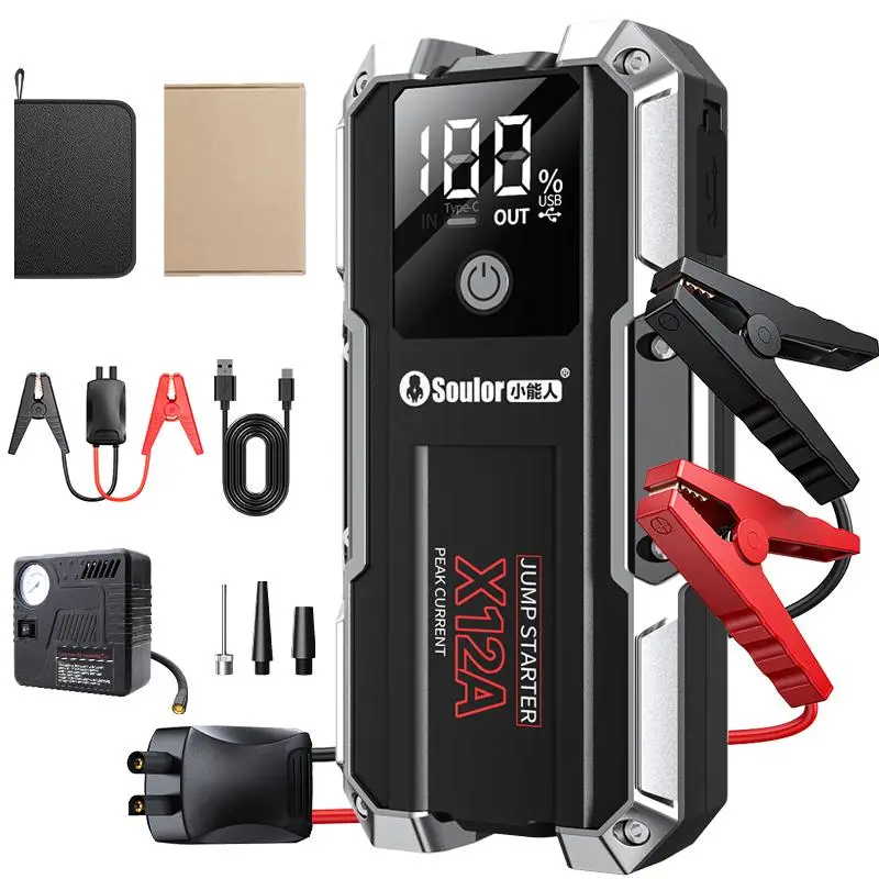 12V Portable Car Jump Starter, 3000A Car Battery Jumper Box with USB Port & LED Lighting, Intelligent Digital Display Screen Jump Starter for Motorcyc