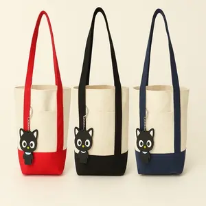 Small tote bag for women, everyday canvas bag with cat keychain. Colors in red, navy & black. Aesthetic Mini canvas tote bag