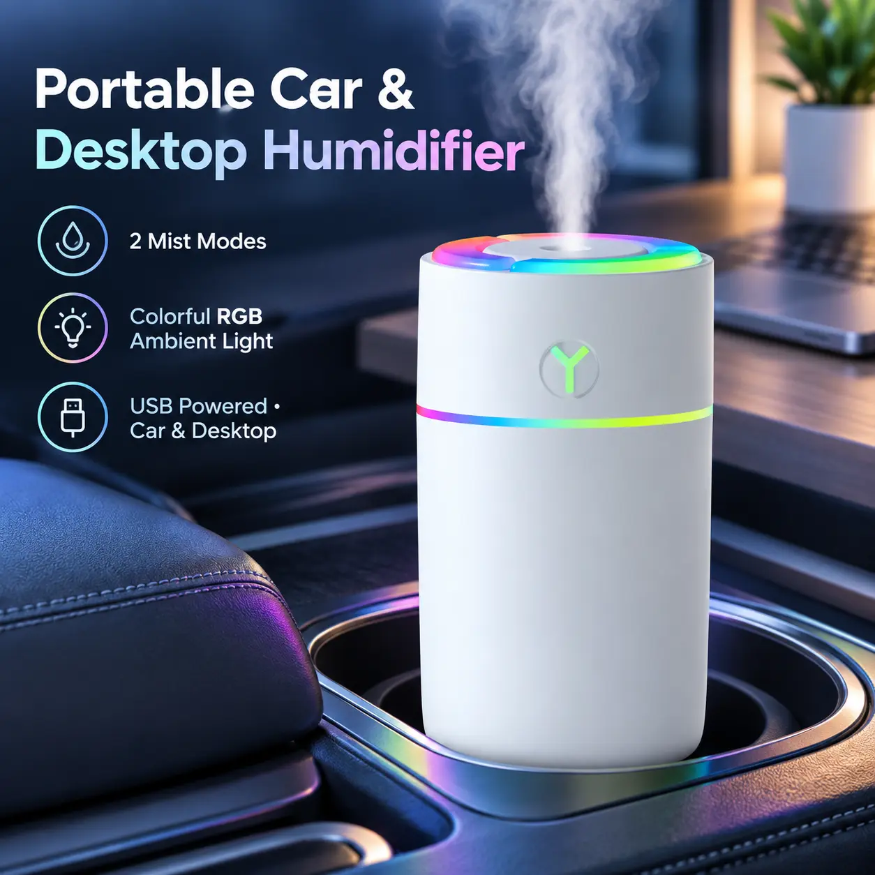 EIGIIS Portable 230ml Car & Desk Humidifier - 7x7cm Quiet USB Cool Mist Air Diffuser, Colorful LED Night Light, 2 Mist Modes, Auto Shutdown Security, Dual-Use Gear for Vehicle, Bedroom (Home Improvement Ventilation)