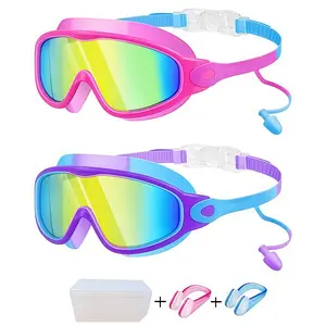 Swim Goggles, Kids Goggles with Earplugs& Nose Clip Wide View Anti-Fog/UV Swimming Goggles for Age 3-15 Boys Girls