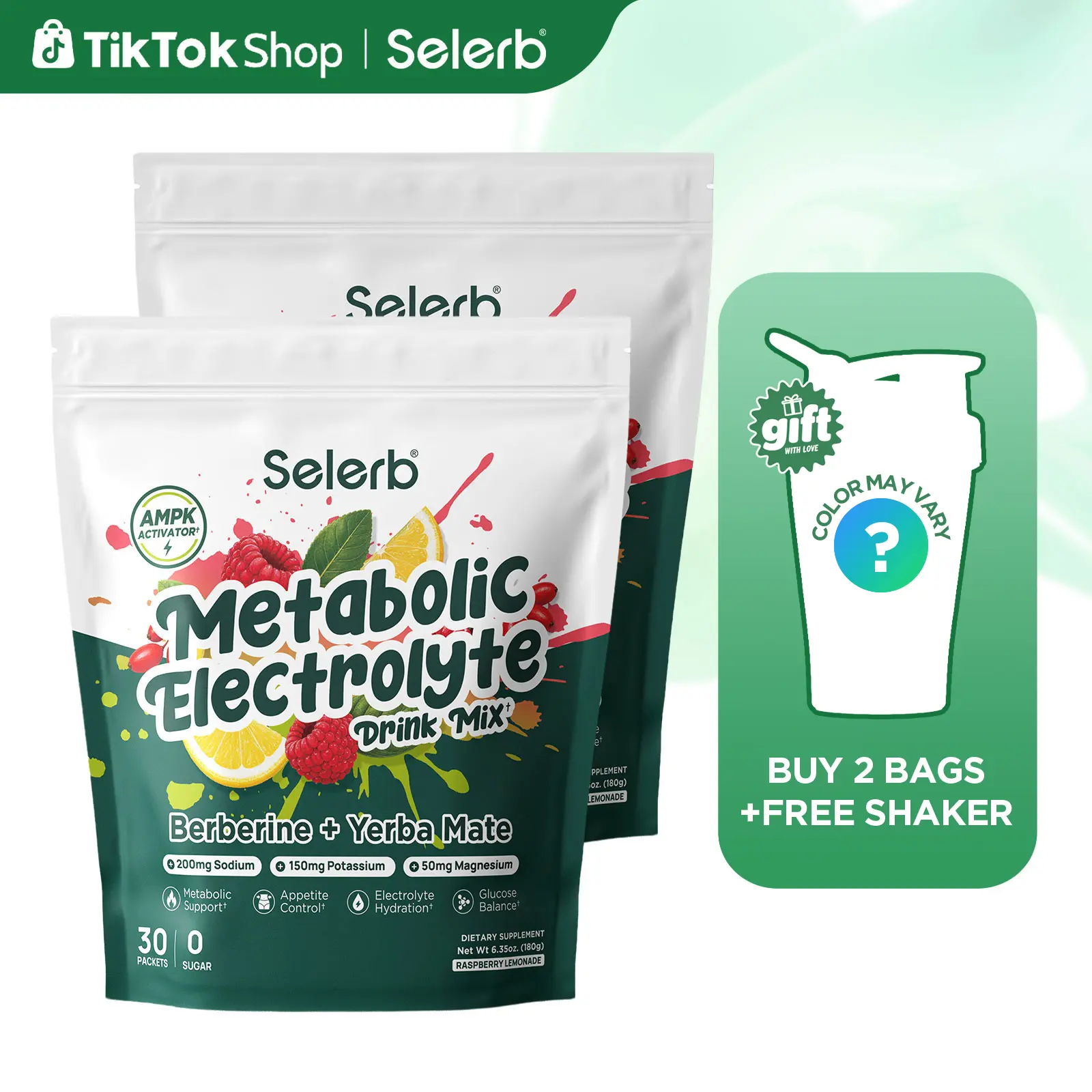 [Buy 2 Get 1 Gift Free ]Selerb Metabolic Electrolyte Packets, Daily Support Suger Free with Berberine,Yerba Mate, Green Tea, Cinnamon, ACV, Ashwagandha, Bitter Melon, Inulin-30 Packets Raspberry Lemonade Flavor,Buy 2 Get 1 Shaker Bottle Free