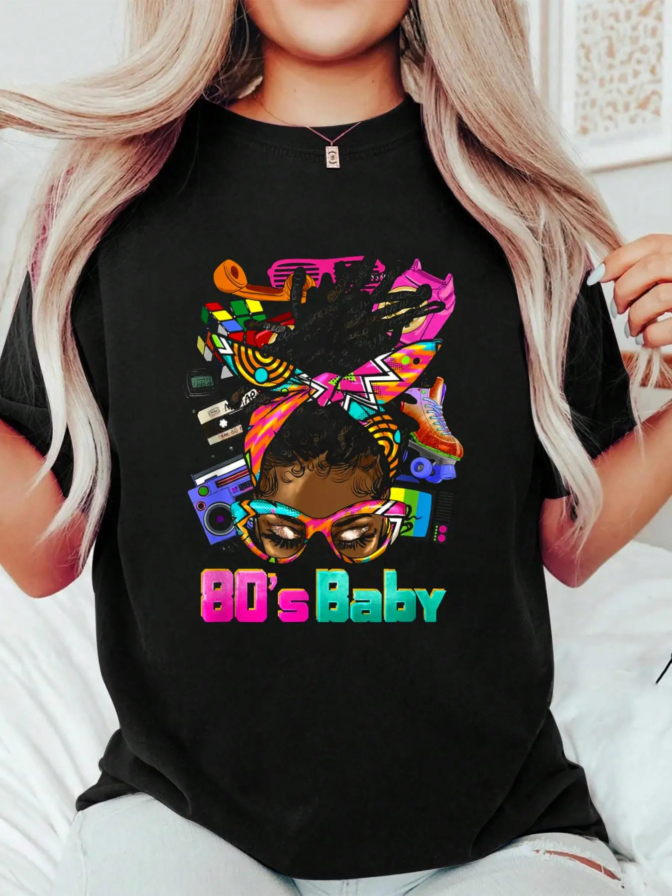 Retro 80s Baby Afro Graphic Cotton T-Shirt for Women, Casual Loose Fit Short Sleeve Round Neck Summer Top, Shortsleeve, Style, Jackets