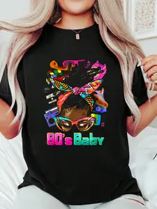 80's Baby Afro Messy Bun African American 1980's Retro Print T-Shirt Casual Crew Neck Short Sleeve Comfort Tee Top For Spring & Summer Women's Clothing