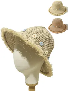 Women's Large Brim Floral Straw Hat, Summer Handmade Crochet Sun Hat, Foldable Beach Fisherman Hat, UV Protection