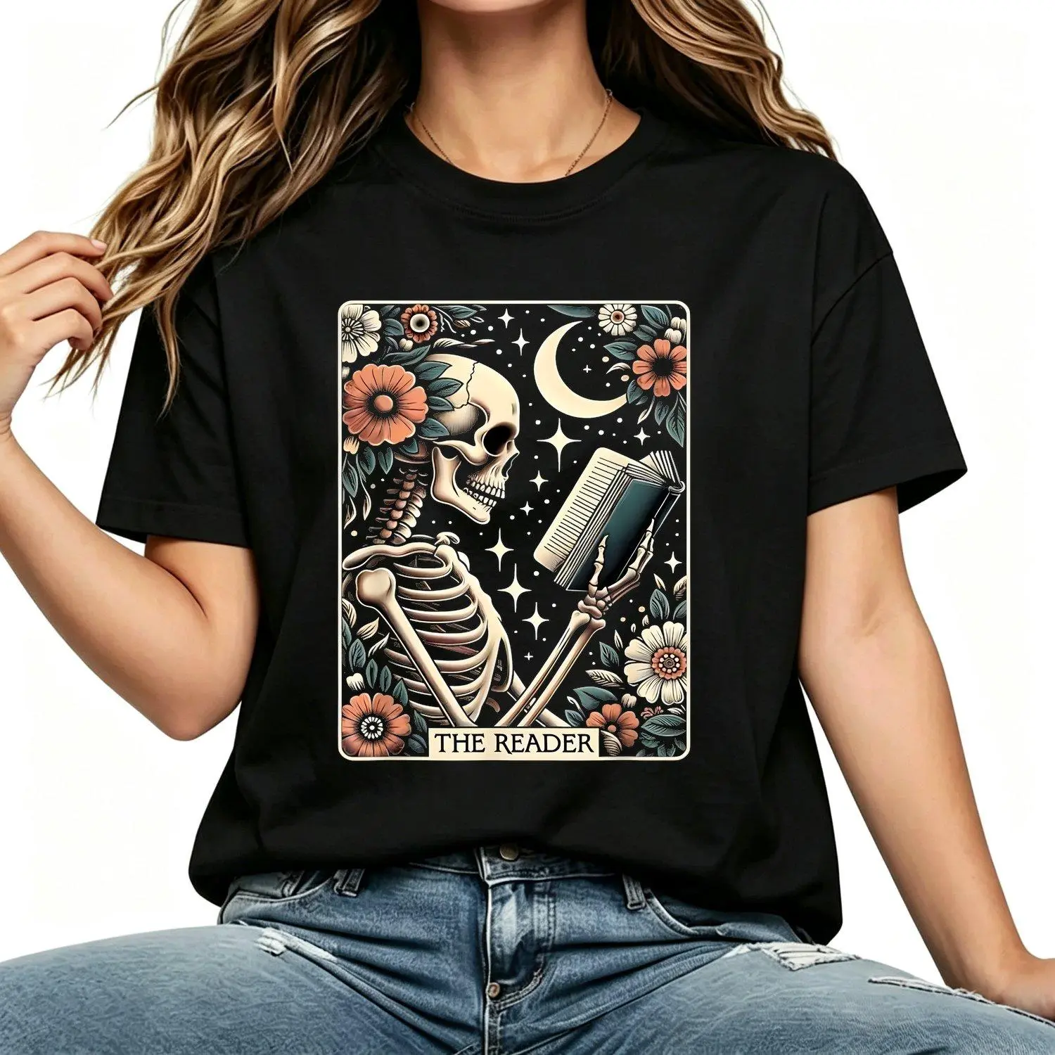 Women's Slim-Fit Short-Sleeve Streetwear T-Shirt - Tarot Card Skeleton, Literary Occult Graphic Design, Casual Vintage Top, Novelty Gift for Bookworms