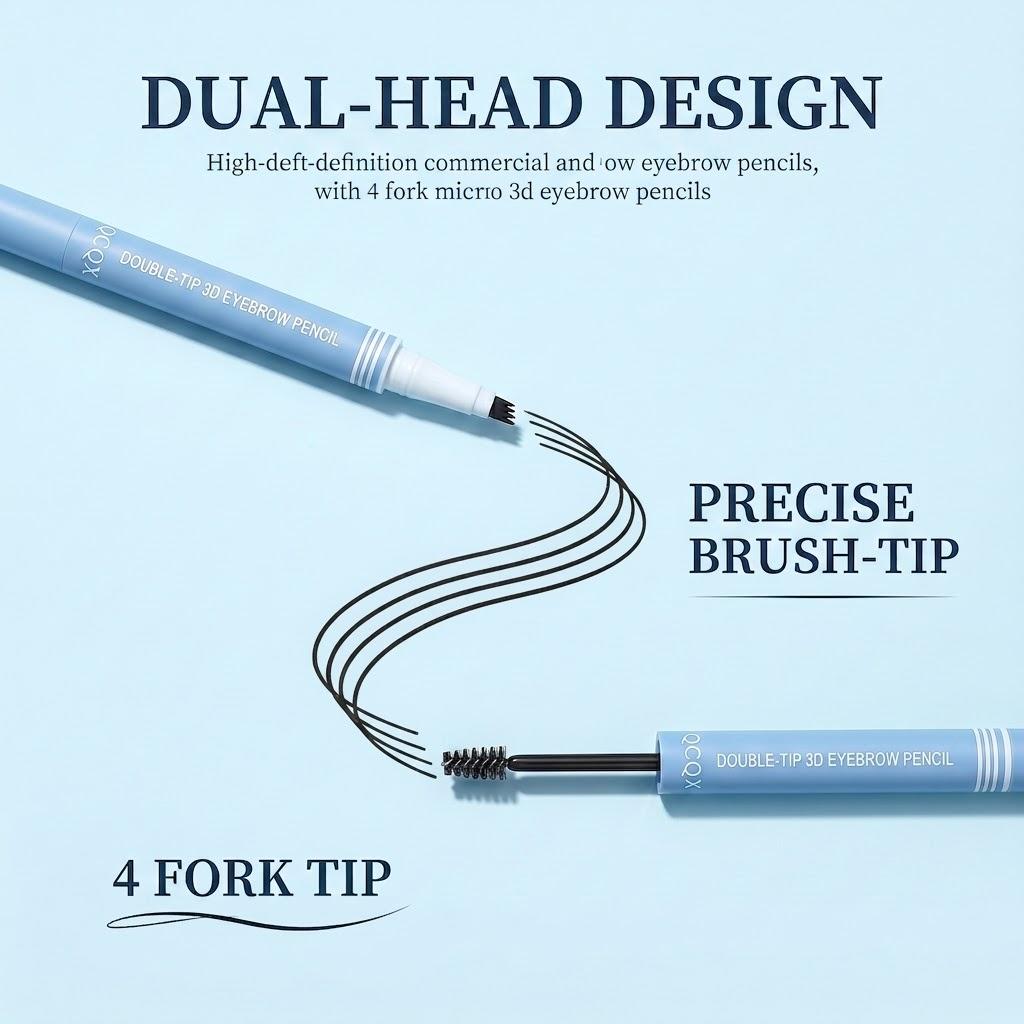 【QCQX】Waterproof 2-in-1 Micro-Fork Eyebrow Pen & Tinted Gel — Long-lasting brow tool for natural, hair-like strokes; includes brow shaping brush; essential makeup tool and accessory.