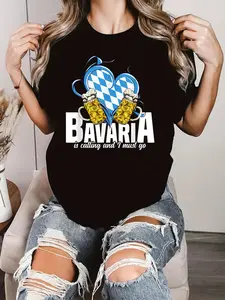 Bavaria Is Calling Party Souvenirs Beer Bavarian Trachten T-Shirt Print T-Shirt Casual Crew Neck Short Sleeve Comfort Tee Top For Spring & Summer Women's Clothing