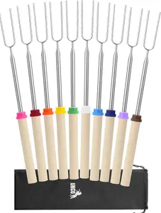 Set of 10 Extendable Marshmallow Roasting Sticks with Wooden Handles and Storage Bag, 32 Inch Stainless Steel Skewers for Campfire and Fire Pit Cooking
