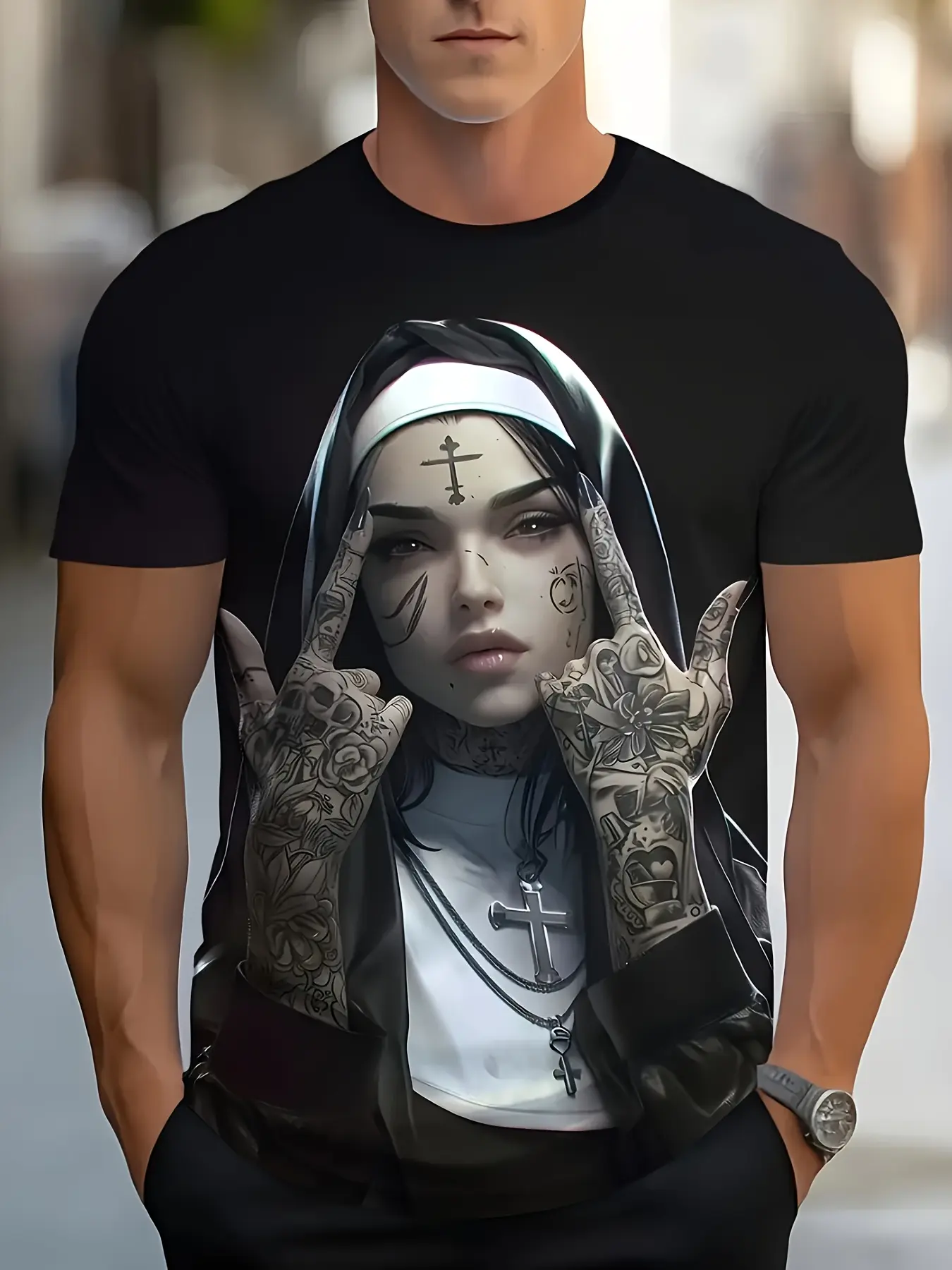 Men's T-shirt | Fitted | 3D nun graphic print | Casual crew neck | Glossy finish | Short sleeves | Black and white with a colorful design | Machine washable | Unique streetwear style