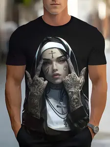 Men's T-shirt | Fitted | 3D nun print | Graphic | Casual crew neck | Glossy finish | Short sleeves | Black and white with a colorful design | Machine washable | Unique street style | Streetwear