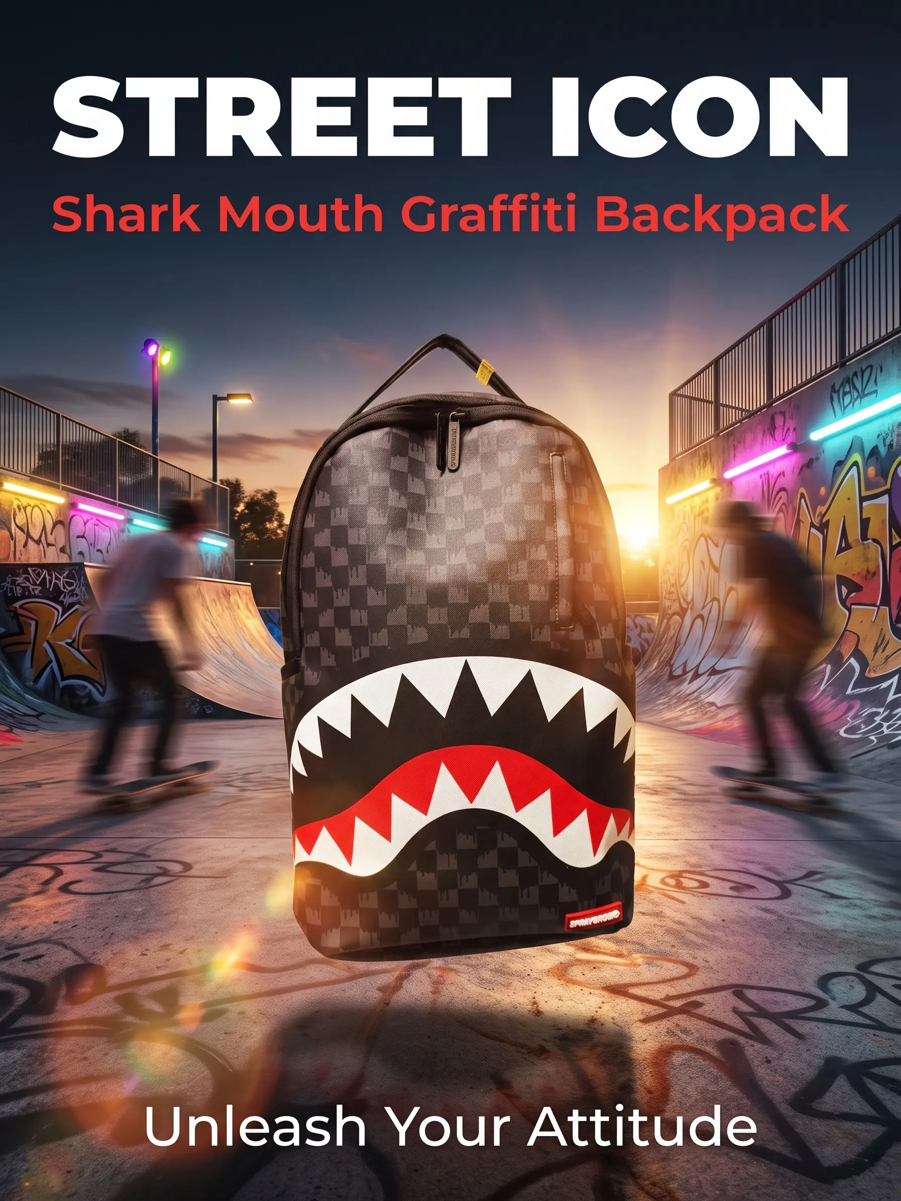SG Black-Grey Checkerboard Shark-Mouth PU Backpack, Spacious Durable Streetwear Urban Hip-Hop Daypack, Men's Gym & Travel Bag