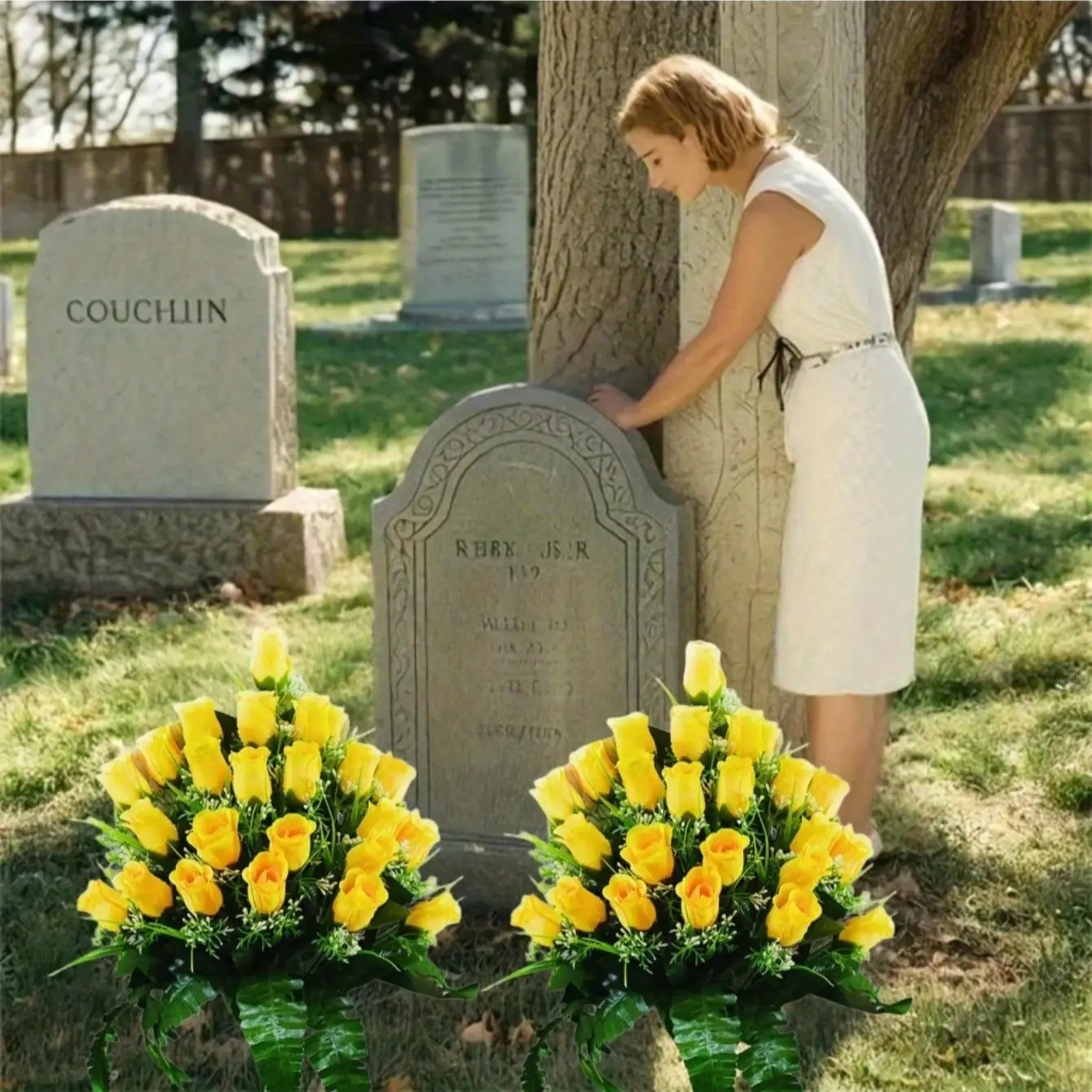 Elegant Artificial Cemetery Bouquet, Artificial Rose Flower, Durable Plastic Roses & Leaves, Monument & Funeral Decoration, Artificial Flower Decorations, No Maintenance Needed