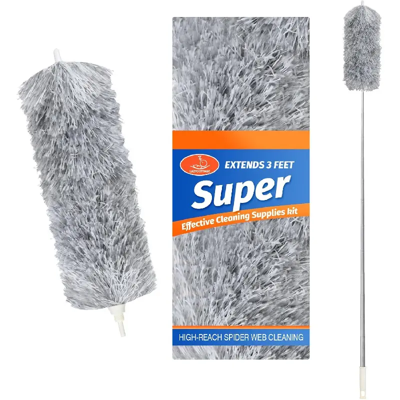 Gray Feather Duster with Adjustable Extendable Stainless Steel Pole, Flexible Head, Lightweight Dry/Wet Wipe Silicone Cleaning Tool for High Ceilings, Walls
