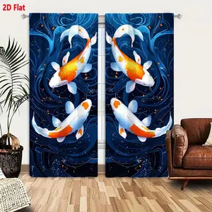2D Flat  2 - Piece Koi Fish Curtain Set, Symmetrical Japanese Art Style, Deep Blue Wavy Abstract Background with Orange Dots, White Fish with Bold Orange Markings, Dreamy Decorative Aquatic Design, Balanced Harmonious Mirror - Image Curtains for Li