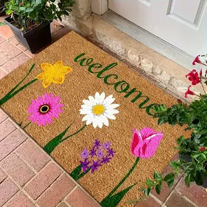Spring Floral Welcome Mat for Front Door, Colorful Wildflower Doormat, Summer Daisy & Tulip Garden Decor, Non-Slip Outdoor Entrance Rug, Farmhouse Flower Floor Mat