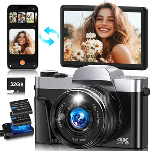 4K video-capable digital camera, 64-megapixel autofocus, Y2K style,180-degree flip screen, mobile phone transfer, flash, 32GB memory card, travel and lifestyle recording, gift