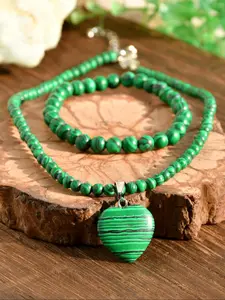Malachite Decor Beaded Necklace & Bracelet, Fashion Heart Shaped Pendant Necklace & Bracelet, Boho Style Jewelry Set for Women & Girls