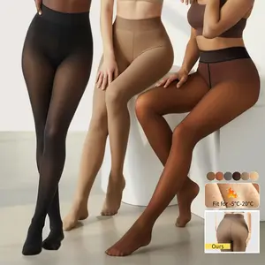 Magic Fleece Lined Leggings 6 Shades Semi-Sheer Skin-Tone Pantyhose Thickened Warmth Bare-Leg Style Women's Tights Pastel Basic Cotton Party Plus Size Minimalist Womenswear