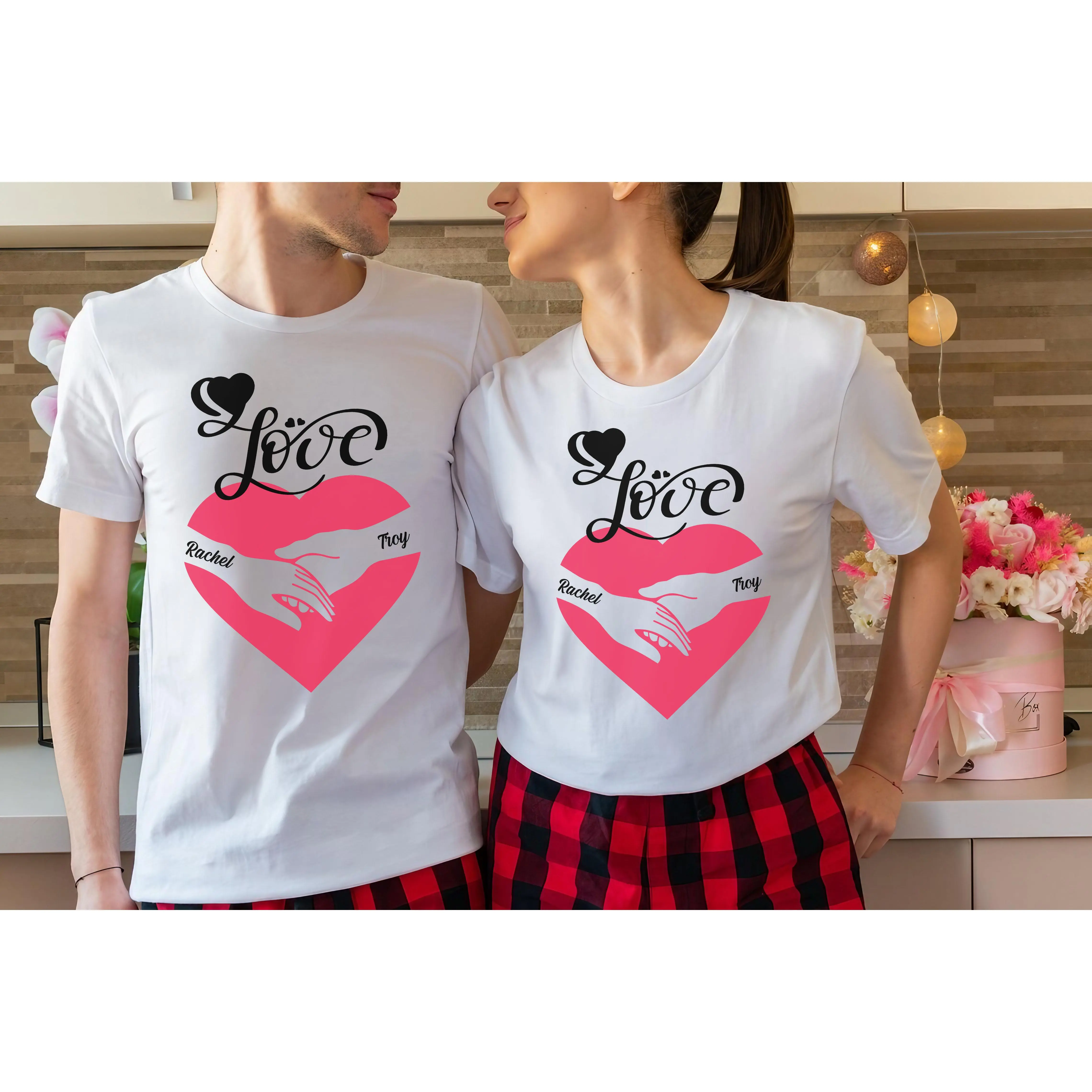 Personalized Valentine's Day Shirt, Custom Name Hands Couple T-Shirt, Funny Valentines Gifts For Couples Women Men Graphic Tee, Retro Love  Short Sleeve Tshirts