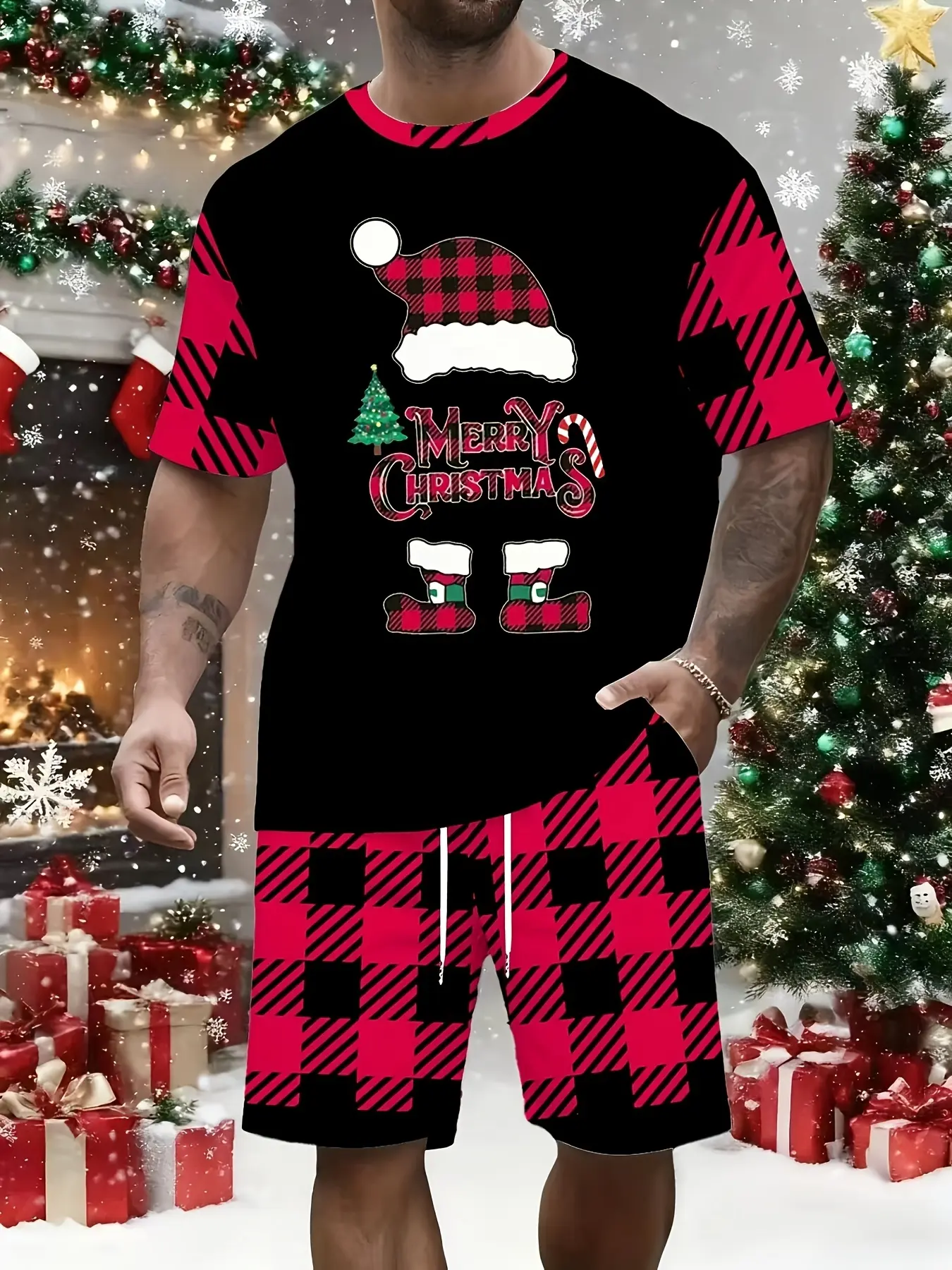 Christmas Menswear Classic Short Sleeve Shorts Pajama Set, Tree Hat & Plaid Print, Casual Round Neck Design, Holiday Clothing, Homewear, Plaid Checked Loungewear