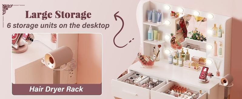 Furmax Vanity Desk with Mirror and LED Light Bulb, Small Makeup Vanity Table with Drawers, Dressing Table with Power Outlet and Hair Drayer Holder for Bedroom Furmax Vanity Desk with Mirror and LED Light Bulb, Small Makeup Vanity Table with Drawers, Dressing Table with Power Outlet and Hair Drayer Holder for Bedroom