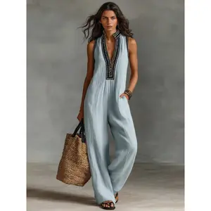 Women's 2026 European-American Style Formal Linen-Polyester Blend Fabric Jumpsuit - Sleeveless, Lady-Fit, Stand-Up Collar, Embroidery Decor, Zipper Closure, Loose, Sexy, Casual, Evening Wear