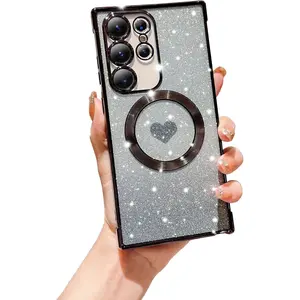 for  Galaxy S25 Ultra Phone Case,Compatible with Magsafe,  Glitter Gradient Cute Heart Clear Case,Camera Protection for  Galaxy S25 Ultra,Black