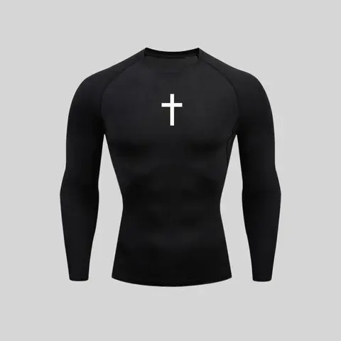 Men's Striped Cross-Print Crew Neck Polyester Quick-Dry Tight-Fitting Activewear Fitness T-Shirt - Normal Type, Unisex Appeal, Simple & Versatile, Ideal for Autumn & Winter, Sweat-Wicking Athletic Top