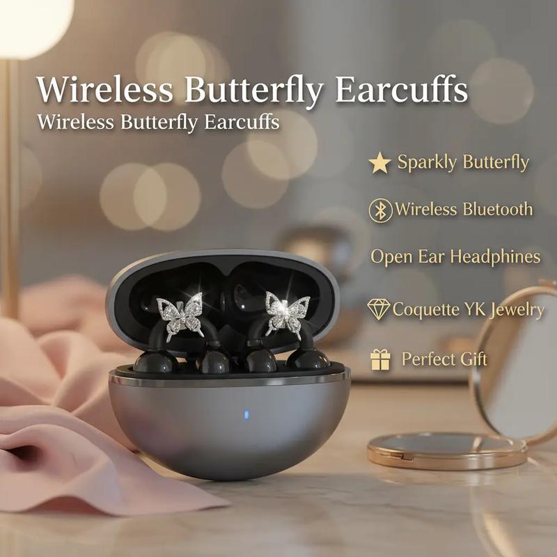Sparkly Butterfly Ear Cuffs Earbuds - Wireless Bluetooth Open Ear Clip-on Headphones - Coquette Y2K Jewelry Gift