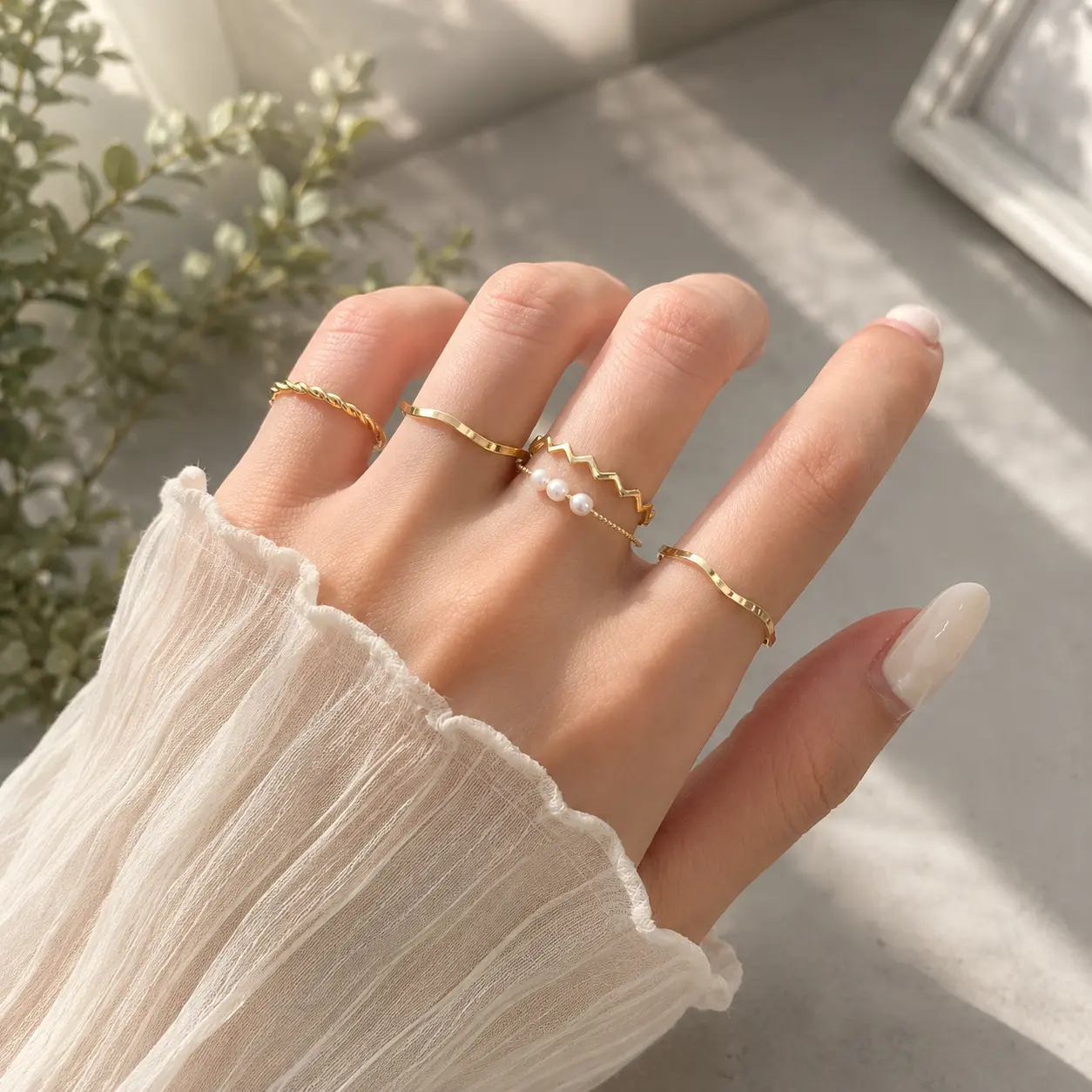Gold-Plated Stackable Band Set for Women, 5-Piece Minimalist Alloy Jewelry with Geometric Wave Pattern for Year-Round Casual Wear, Ring Stack, Elegant Vintage Minimalist, Made Of Sturdy Alloy