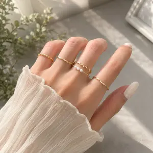 Alloy Pearl Wave Stackable 5-Piece Ring Set - Gold-Plated Copper, Silver, Dainty Thin Bands, Street Style, Exclusive Geometric Design, Diverse Matching Styles, Elegant Timeless Vintage Minimalist Costume Jewelry for Daily Wear, Date Occasions  simple